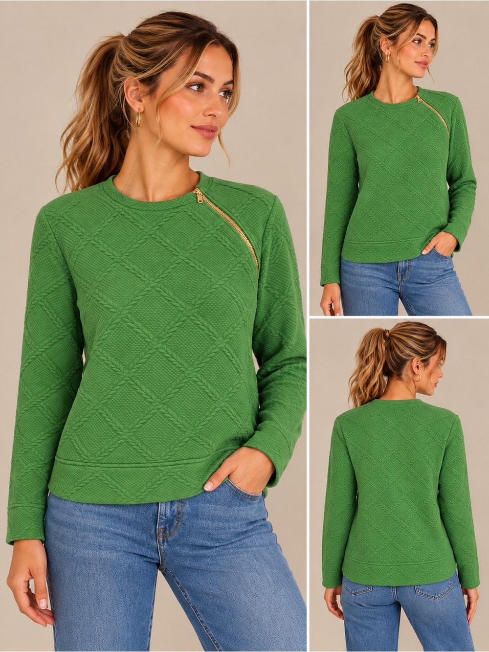 Talbots Cable Knit Funnel Neck Zip Pullover in a fern green color Size XL